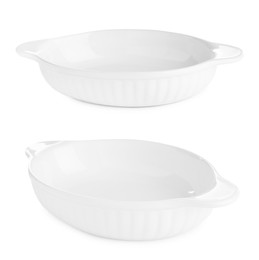 Ceramic casserole on white background, set. Baking dish