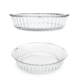 Glass casserole on white background, set. Baking dish