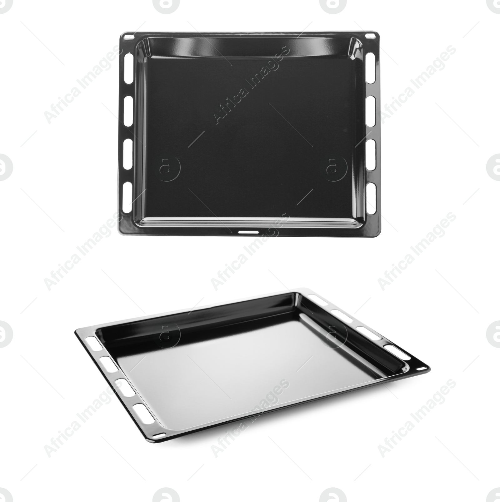 Image of Baking tray on white background, collage. Top and side views