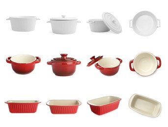 Image of Different baking dishes on white background, collage. Views from different sides