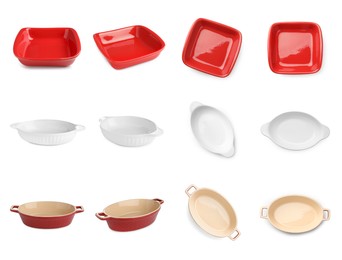 Image of Different baking dishes on white background, collage. Views from different sides