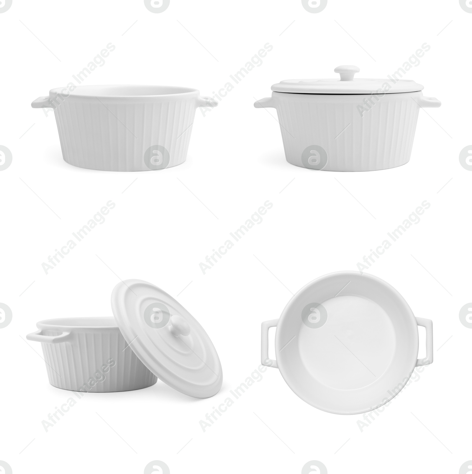 Image of Ceramic baking dish on white background, collage. Views from different sides