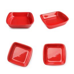 Image of Ceramic casserole on white background, collage. Top and side views