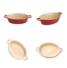 Image of Ceramic casserole on white background, collage. Top and side views