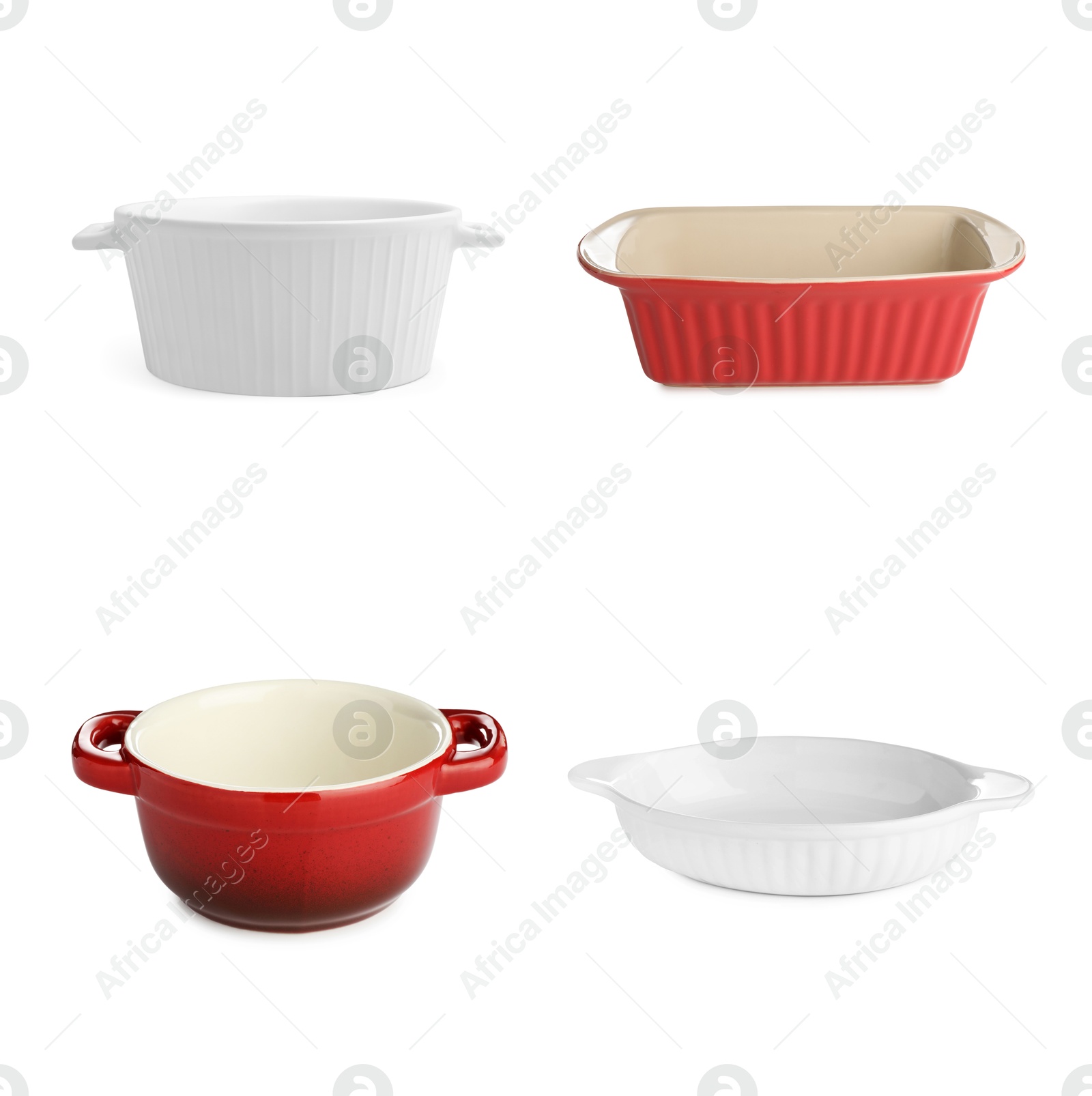 Image of Different baking dishes on white background, set