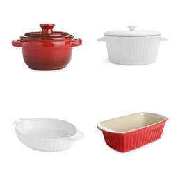 Different baking dishes on white background, set