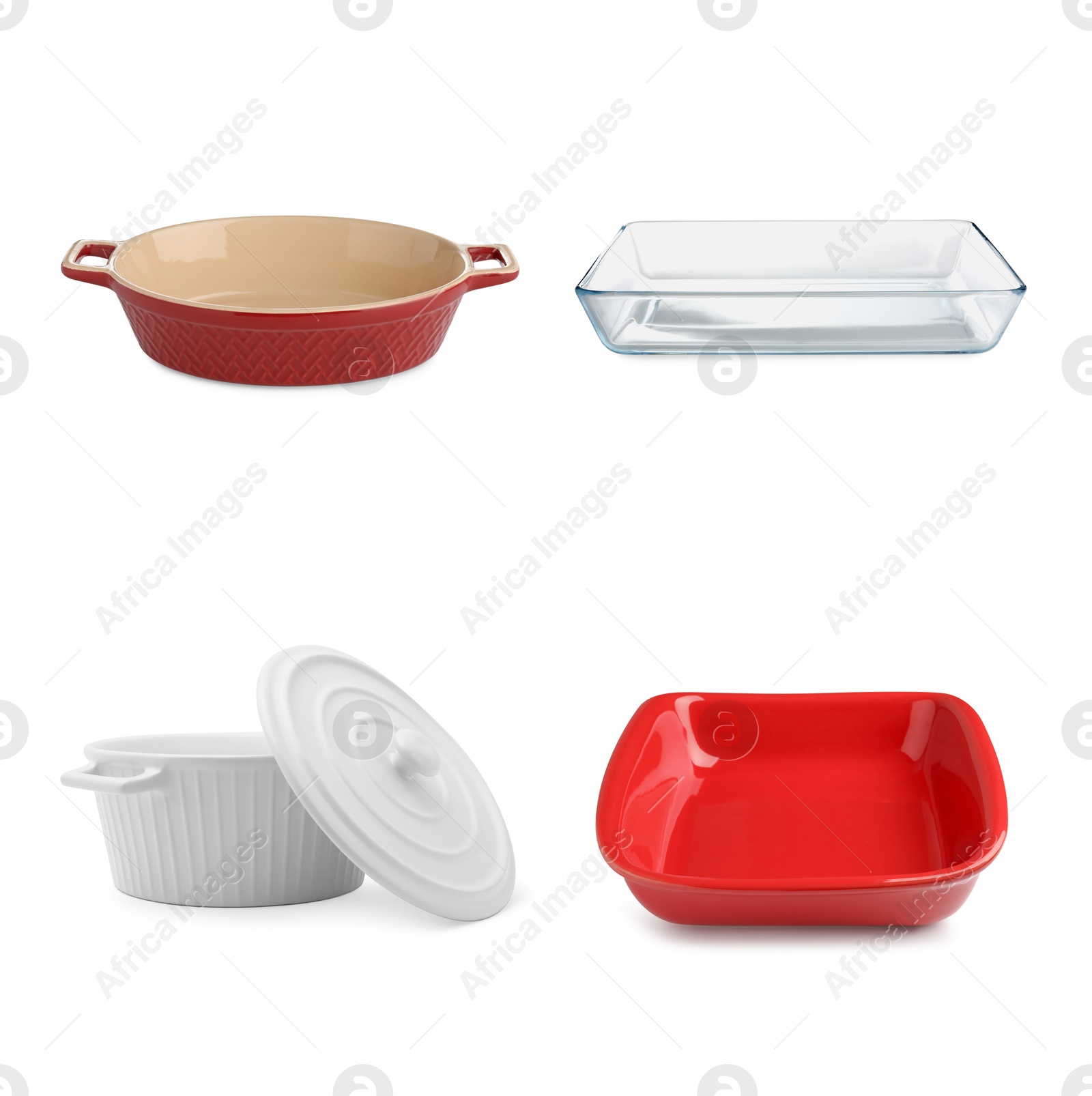 Image of Different baking dishes on white background, set