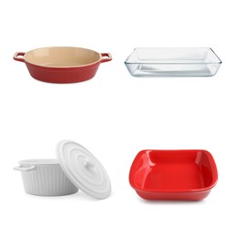 Image of Different baking dishes on white background, set