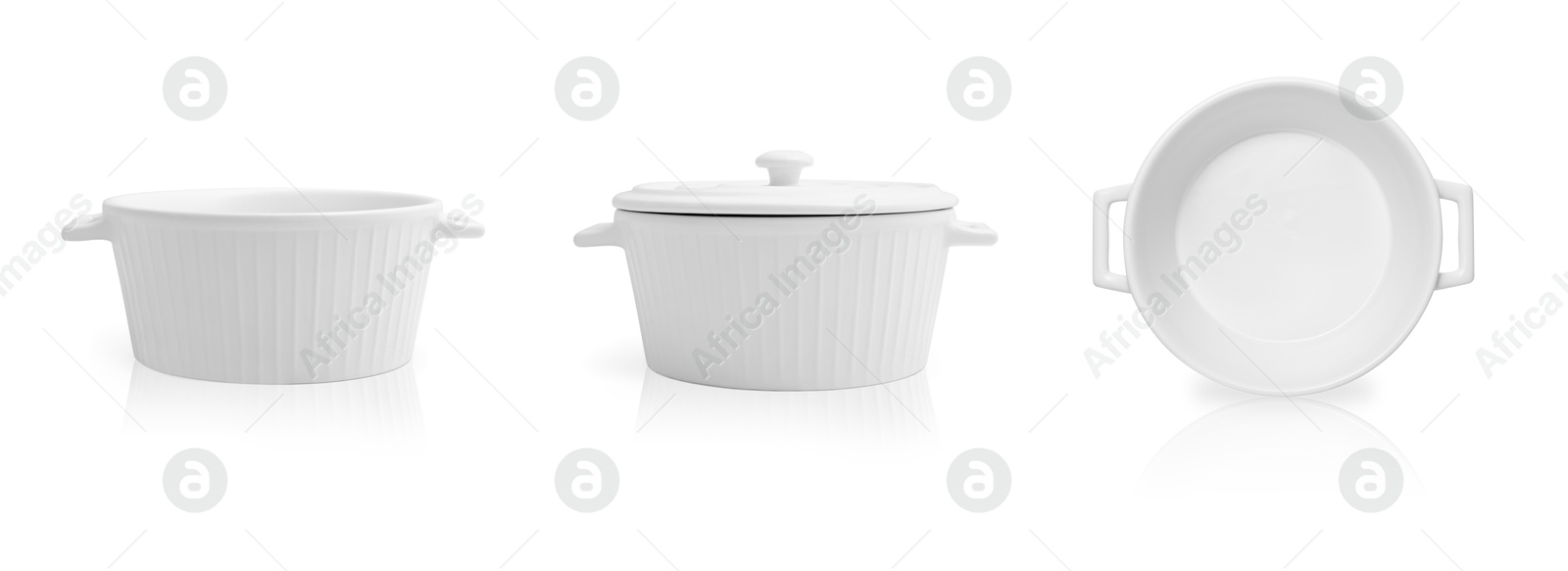 Image of Ceramic baking dish on white background, collage. Views from different sides