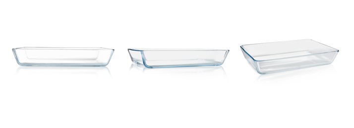 Image of Glass baking dish on white background, set