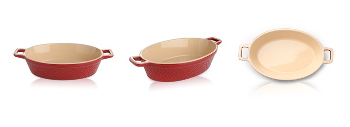 Image of Ceramic casserole on white background, collage. Views from different sides