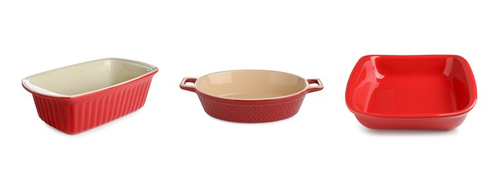 Image of Different casseroles on white background, set. Baking dish