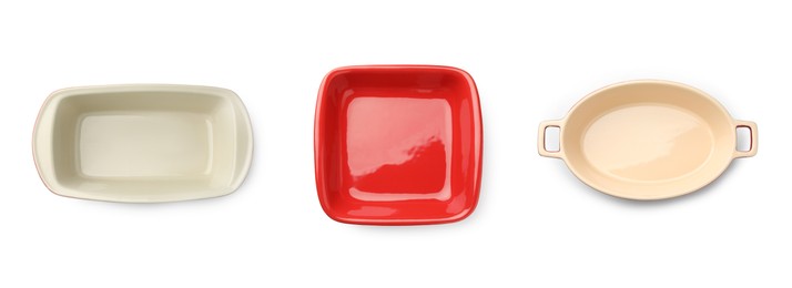 Image of Different baking dishes on white background, set. Top view