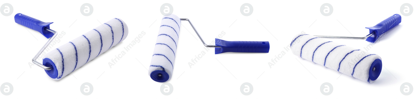 Image of Paint roller with blue handle isolated on white, set