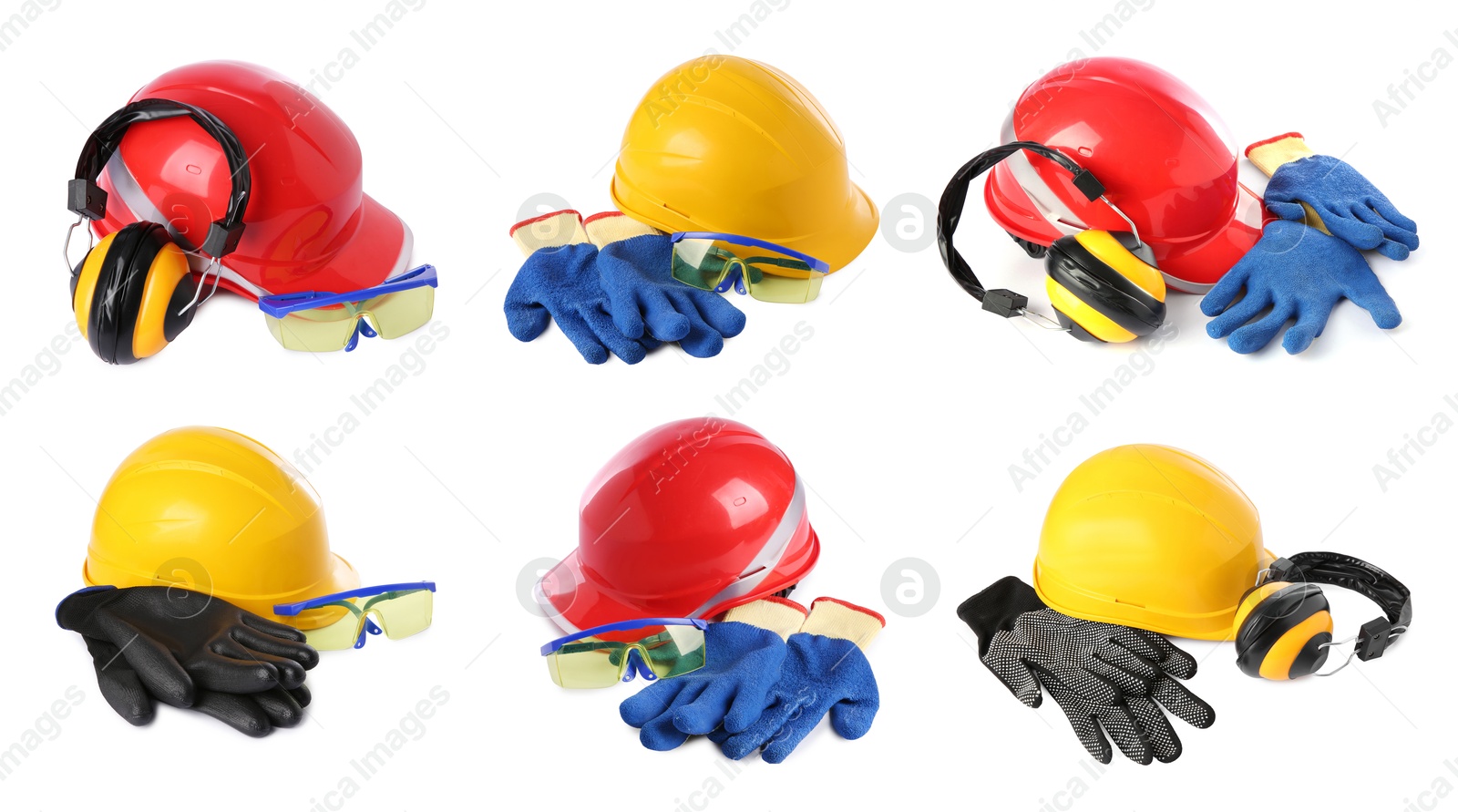 Image of Hard hats, gloves, safety goggles and earmuffs isolated on white, set. Construction equipment