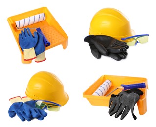 Image of Hard hats, gloves, safety goggles, paint tray and roller isolated on white, set. Construction equipment