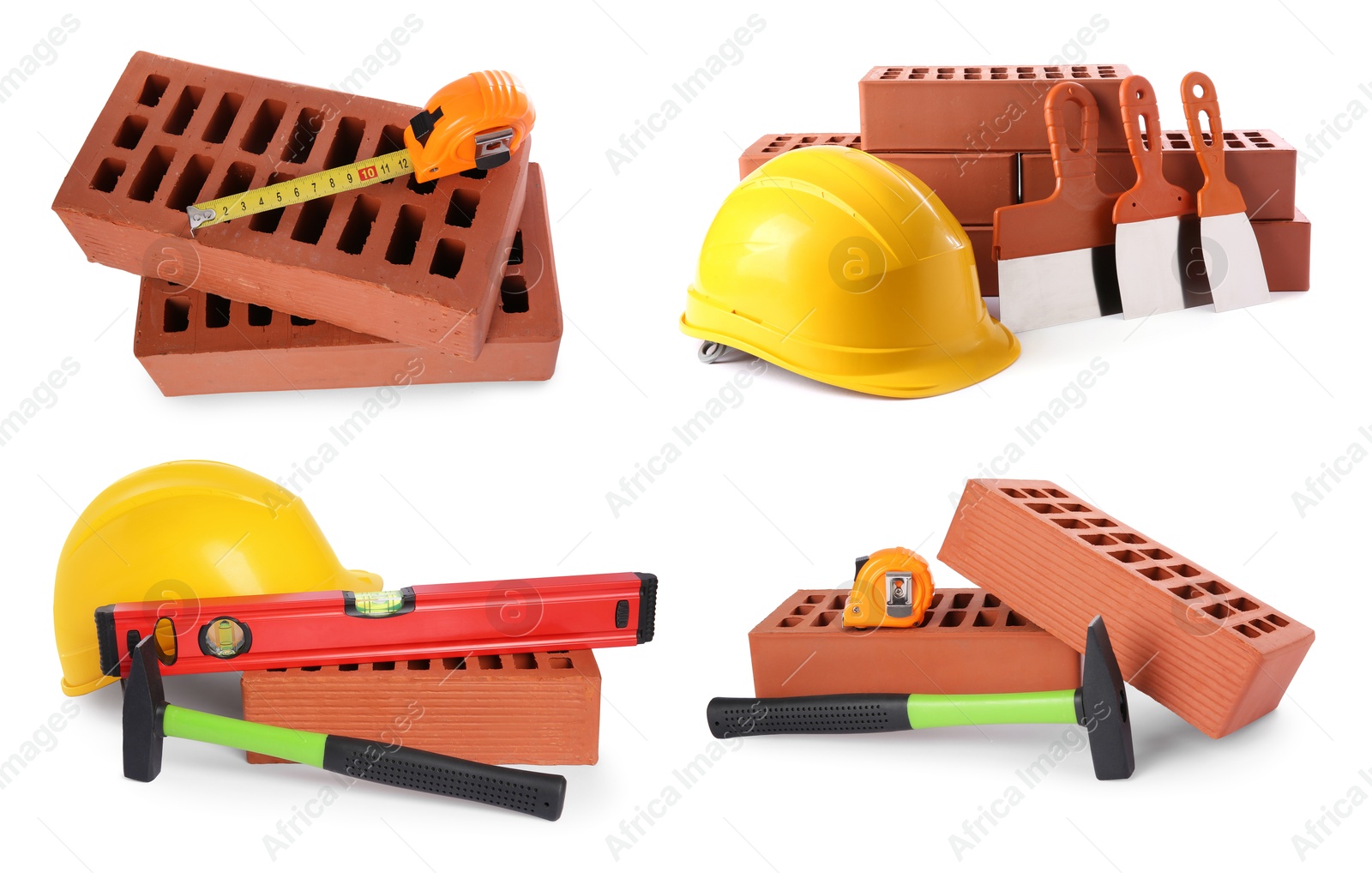 Image of Bricks, measurement tape, hard hats, putty knives, hammer and line level isolated on white, set. Construction tools, equipment and material