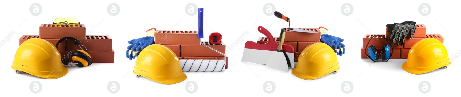 Image of Set with construction tools, equipment and material isolated on white