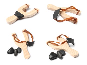 Image of Wooden slingshot with pebbles on white background, collage. Views from different sides