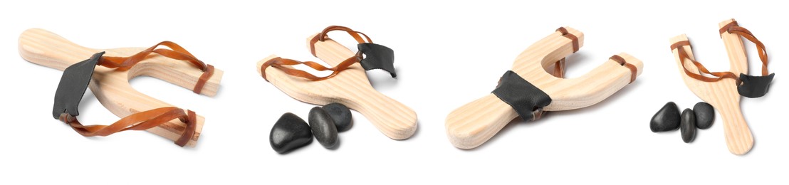 Image of Wooden slingshot with pebbles on white background, collage. Views from different sides