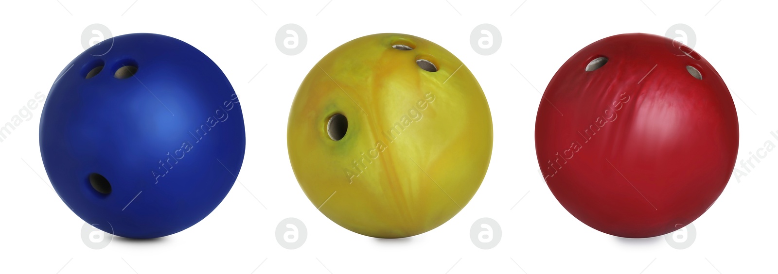 Image of Blue, yellow and red bowling balls isolated on white, set