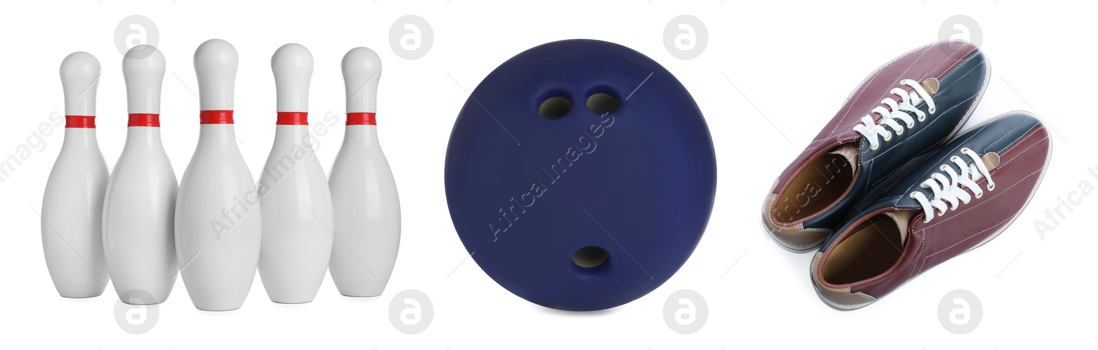 Image of Bowling shoes, pins and ball isolated on white, set