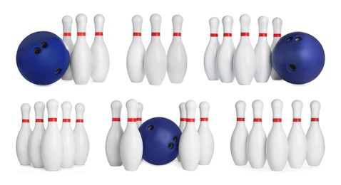 Image of Bowling pins and balls isolated on white, set