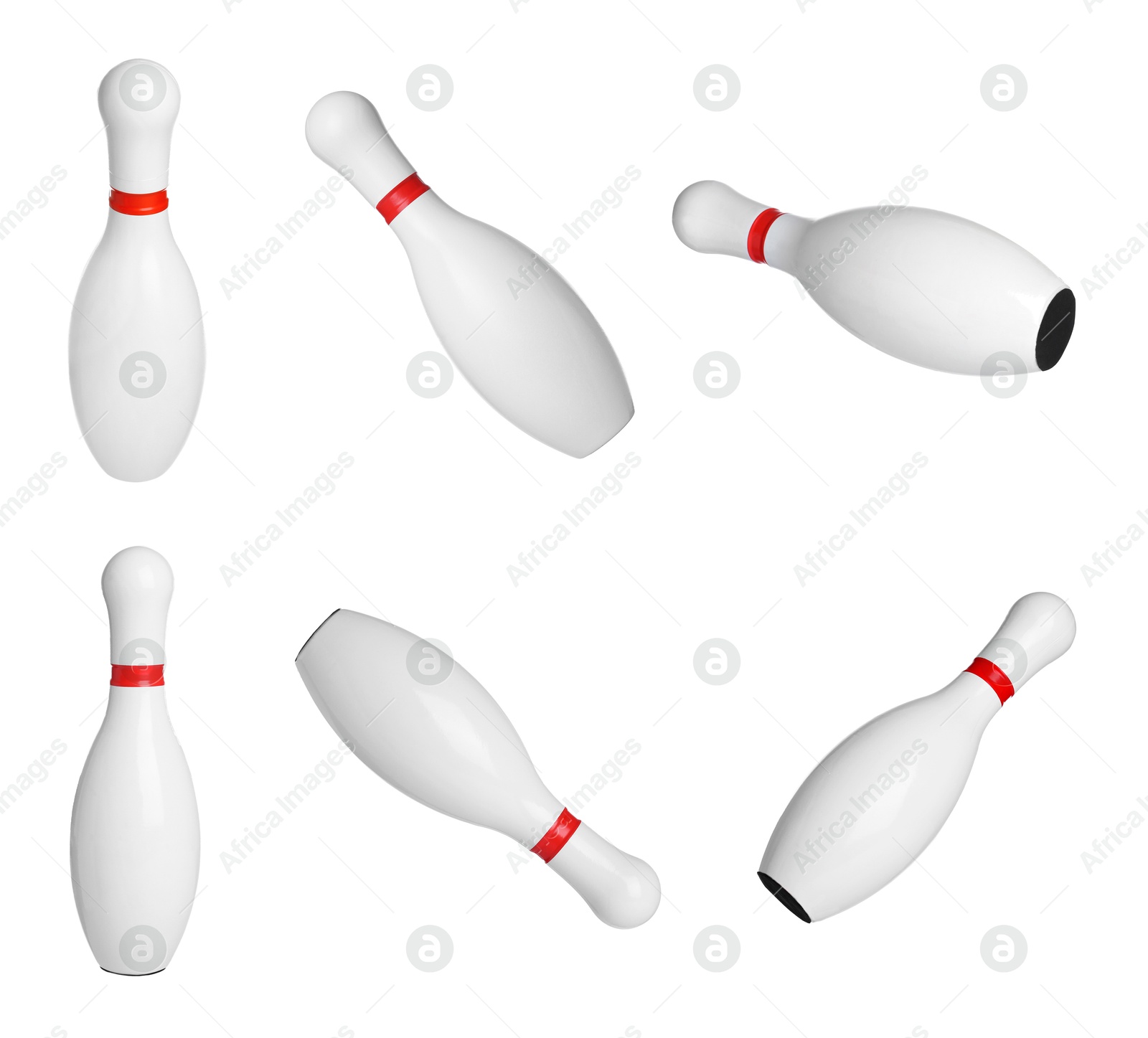 Image of Bowling pin isolated on white, collage. Views from different sides