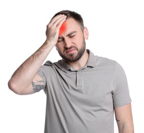 Image of Man suffering from headache on white background