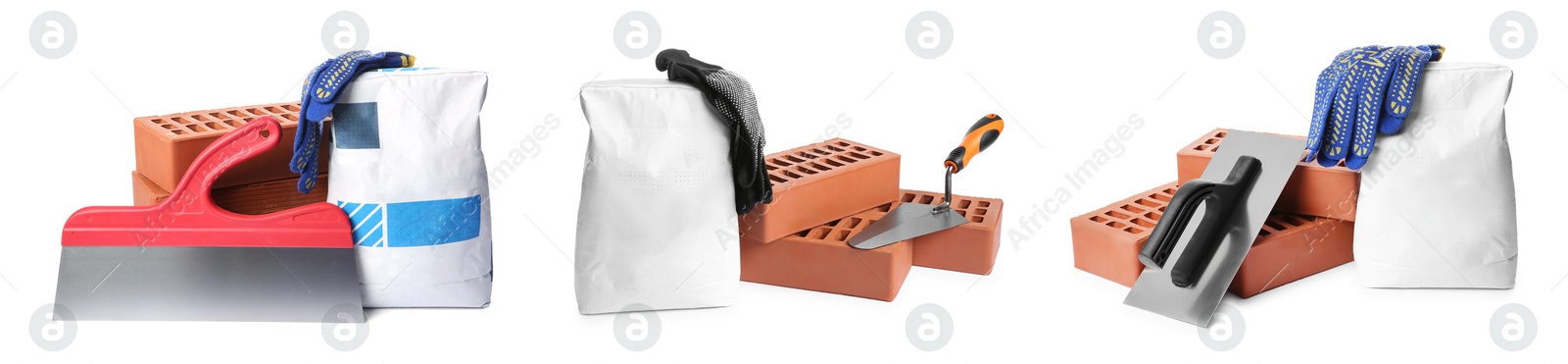 Image of Set with construction tools and materials isolated on white