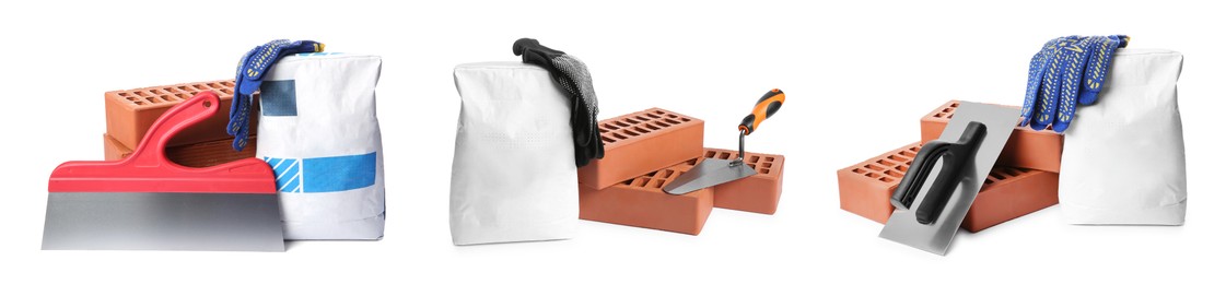 Image of Set with construction tools and materials isolated on white