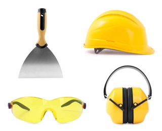 Image of Putty knife, hard hat, safety goggles and earmuffs isolated on white, set. Construction tool and equipment