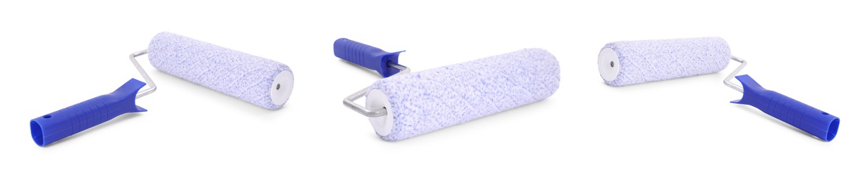 Image of Paint roller with blue handle isolated on white, set