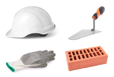 Image of Gauging trowel, hard hat, gloves and brick isolated on white, set. Construction tool, material and equipment