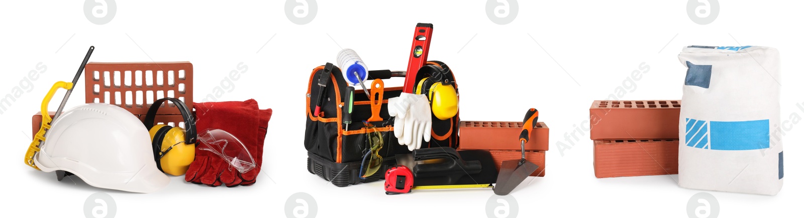 Image of Set with construction tools, equipment and materials isolated on white