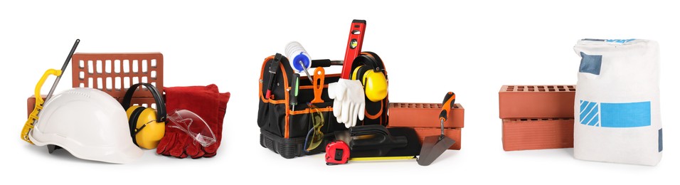 Image of Set with construction tools, equipment and materials isolated on white