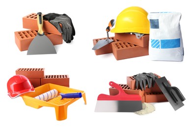 Image of Set with construction tools, equipment and materials isolated on white