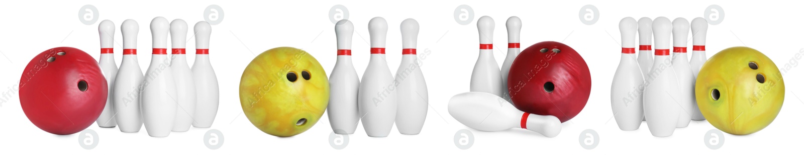 Image of Bowling pins and balls isolated on white, set