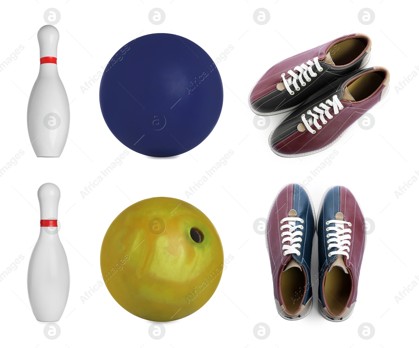 Image of Bowling shoes, pins and balls isolated on white, set