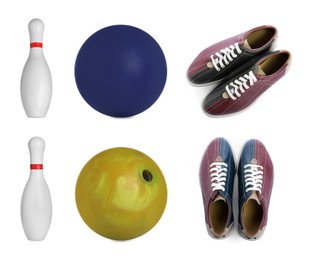 Image of Bowling shoes, pins and balls isolated on white, set