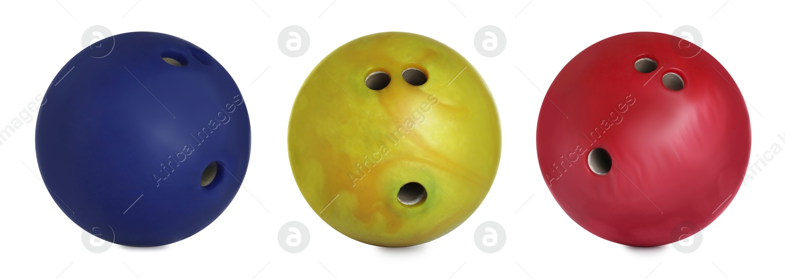 Image of Blue, yellow and red bowling balls isolated on white, set