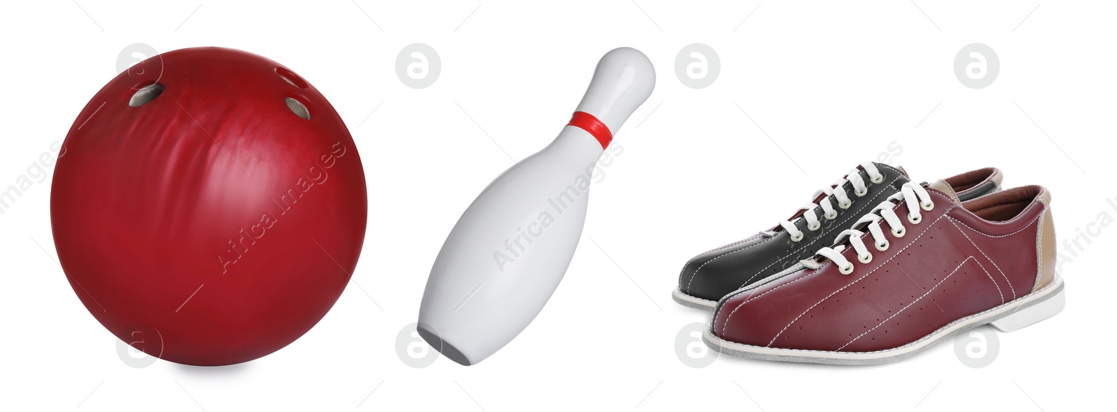 Image of Bowling shoes, pin and ball isolated on white, set