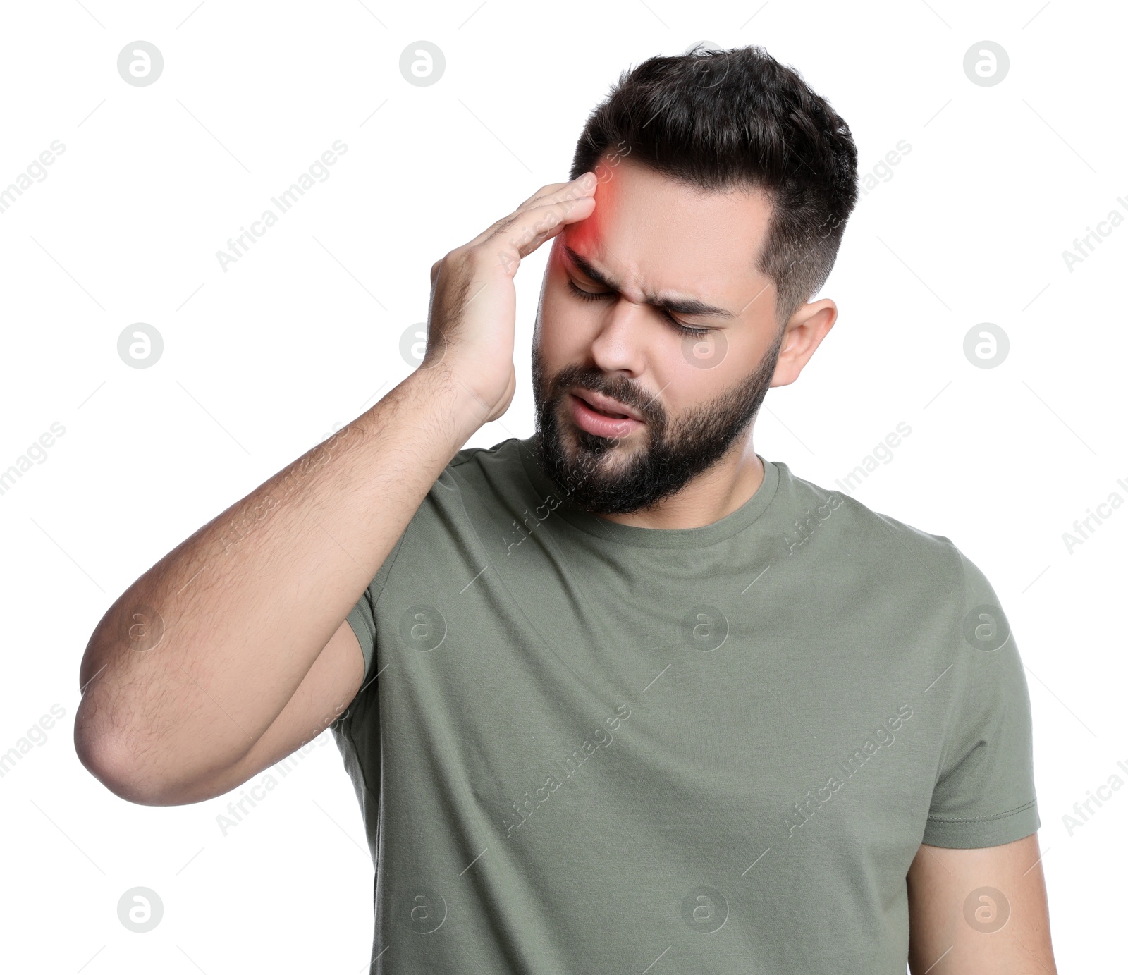 Image of Young man suffering from headache on white background