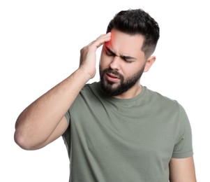 Image of Young man suffering from headache on white background