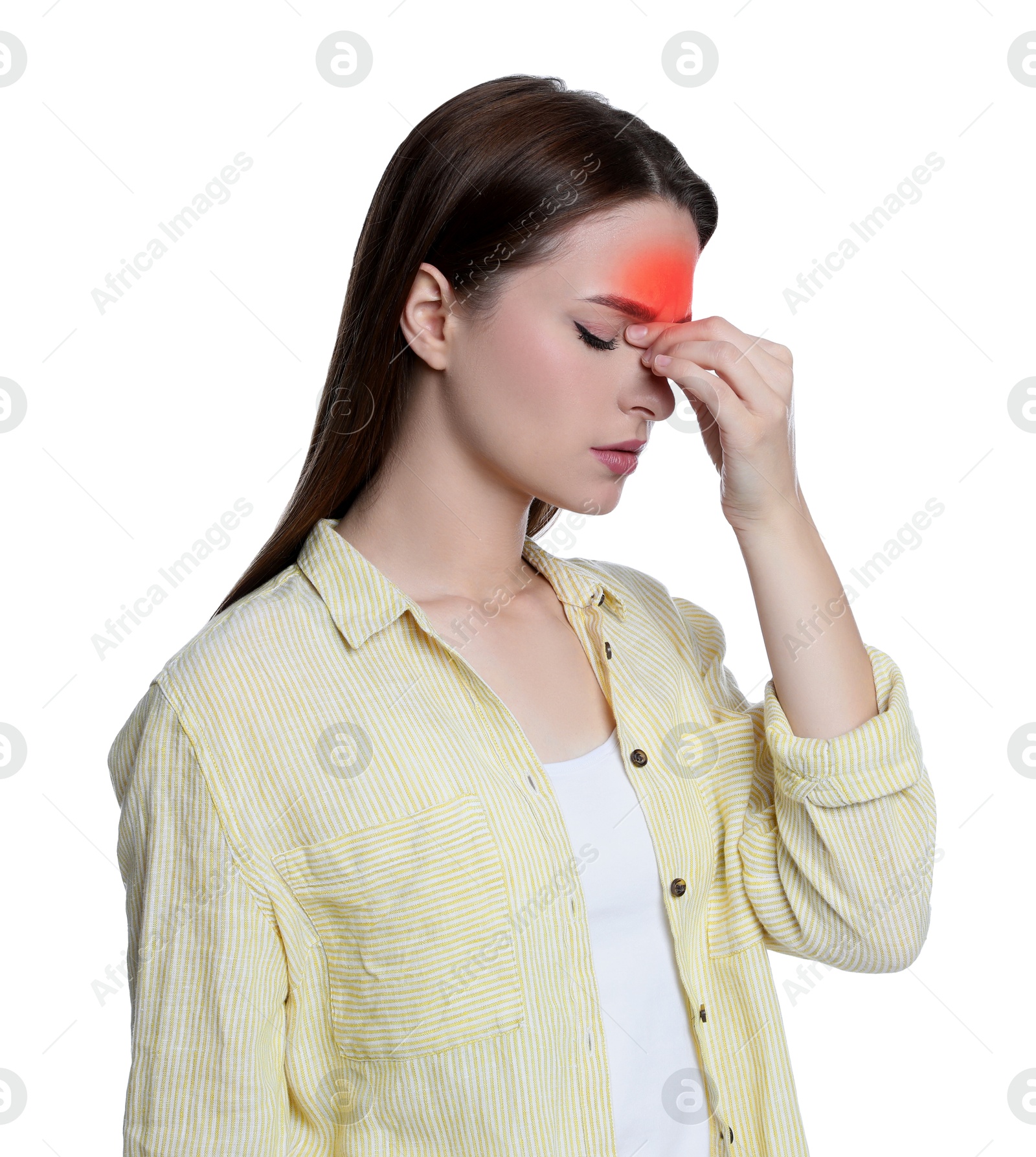 Image of Young woman suffering from headache on white background