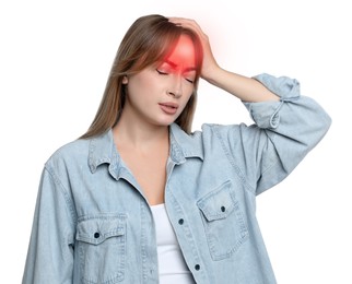 Image of Young woman suffering from headache on white background