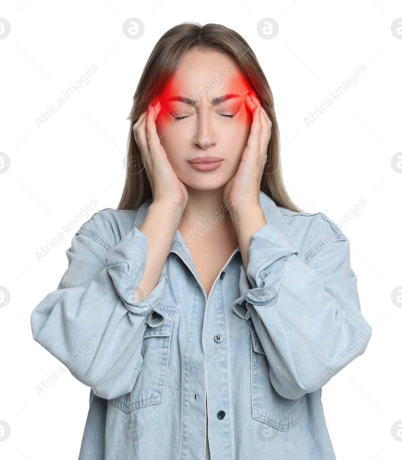 Image of Young woman suffering from headache on white background