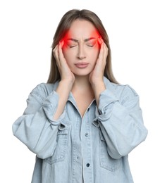 Image of Young woman suffering from headache on white background