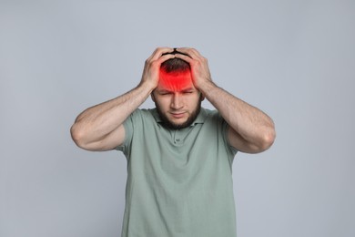 Image of Man suffering from headache on grey background