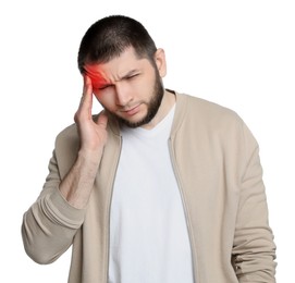 Image of Man suffering from headache on white background